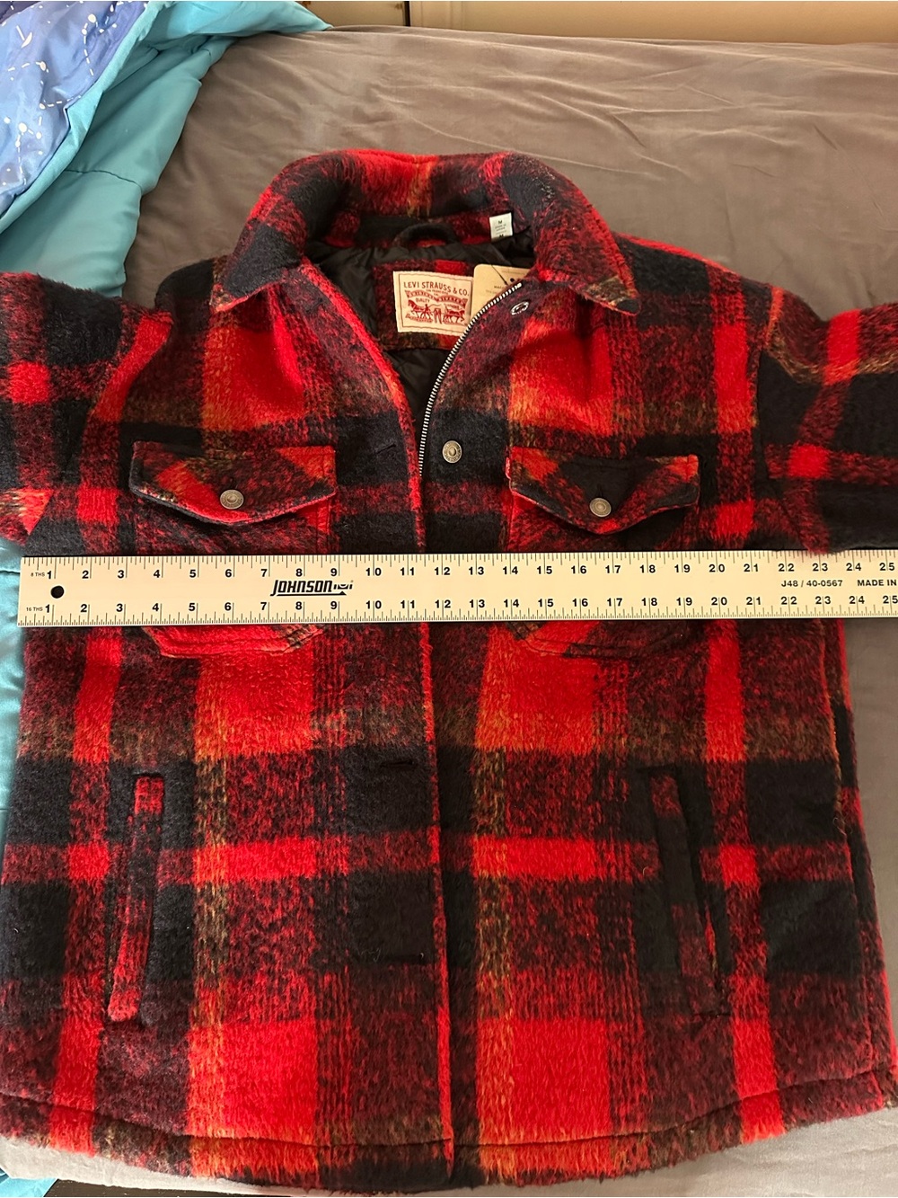 Levis Trucker Jacket Buffalo Plaid Zipper Button Wool Blend Red Women’s Size M - Picture 10 of 14